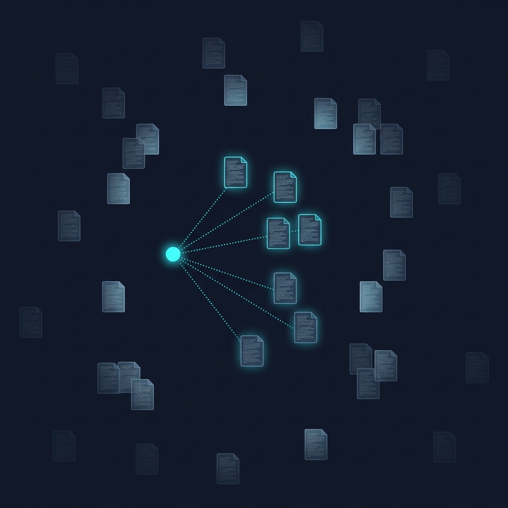 Vector RAG: a query point retrieves the nearest disconnected chunks from a flat embedding space