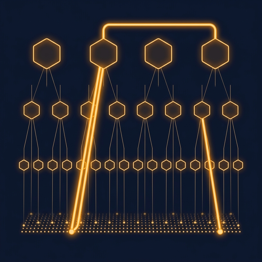 Topology RAG: hierarchical layers of Components, Blocks, Functions, and Data with a glowing wormhole shortcut path ascending and descending through abstraction levels