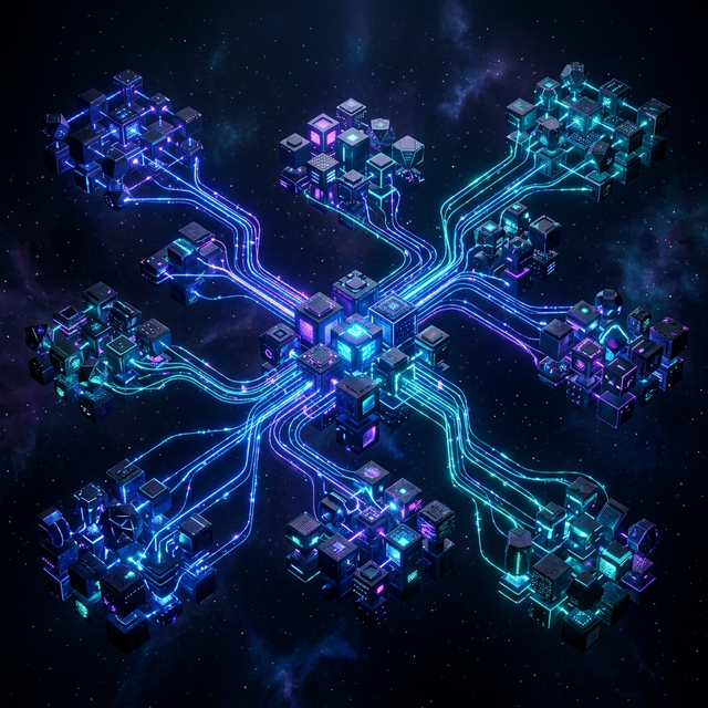 3D visualization of interconnected software architecture mesh with glowing component connections