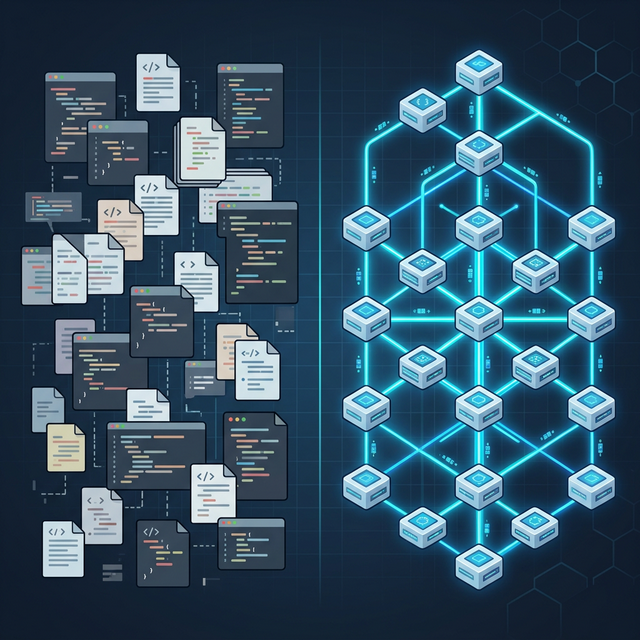 Comparison between traditional chaotic code development and topology-driven organized development