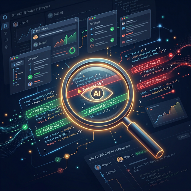 AI-powered code review with magnifying glass scanning code