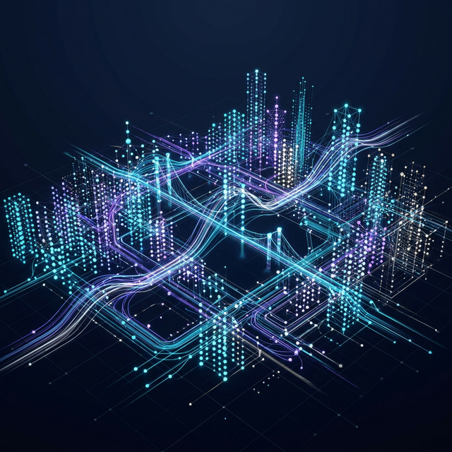 3D visualization of software code topology with interconnected glowing nodes