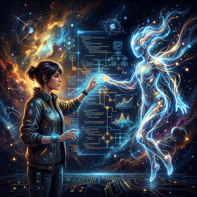 Human developer and AI entity collaborating on code