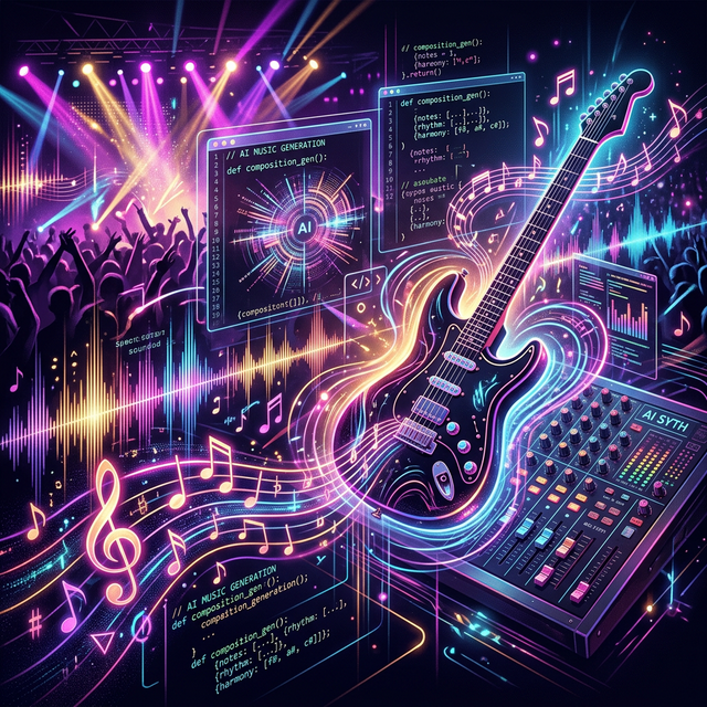 AI code generation for music with guitar and digital mixing