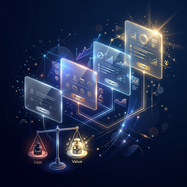 Pricing tier comparison with cost vs value balance