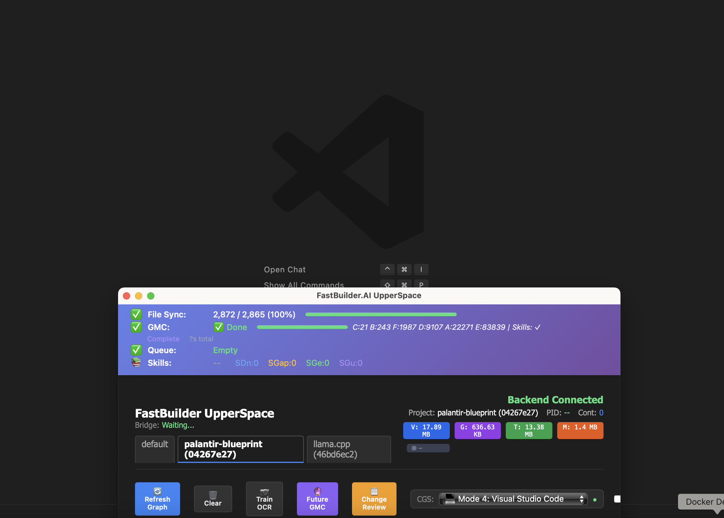 VS Code with FastBuilder.AI UpperSpace dashboard showing real-time architecture topology