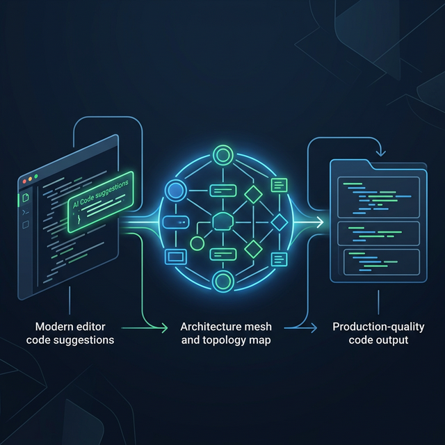 Workflow showing AI suggestions enhanced by architecture topology for production-quality output