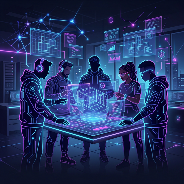 A high-performing technology delivery team collaborating around a holographic architecture blueprint