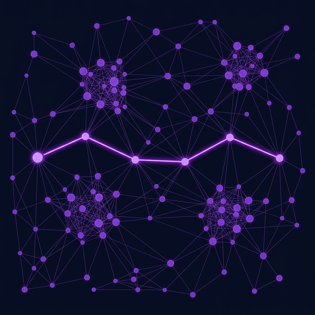 Graph RAG: a flat knowledge graph with entity nodes, community clusters, and a highlighted multi-hop traversal path