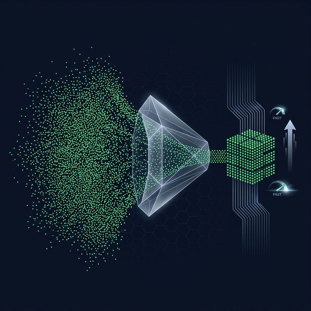 TurboQuant RAG: a diffuse cloud of vectors compressed through a crystalline prism into a compact quantized grid with SIMD parallel search lines